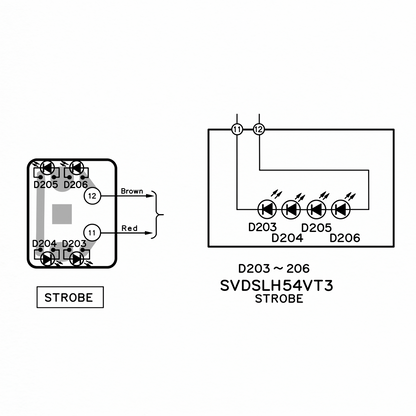 Technical circuit diagram for the Technics SL-1200 turntable strobe light repair kit, displaying the physical PCB layout for diodes D203, D204, D205, and D206 with brown and red wire connections alongside a schematic diagram for the Panasonic SVDSLH54VT3 strobe circuit.