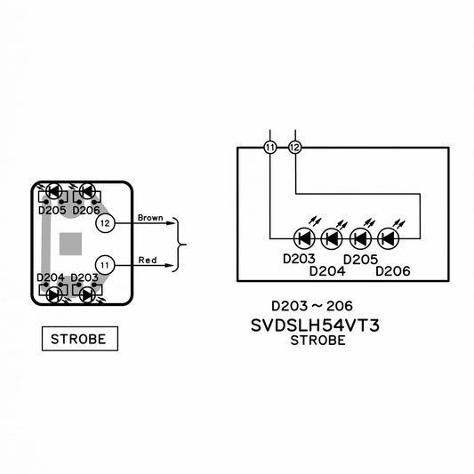Technical circuit diagram for the Technics SL-1200 turntable strobe light repair kit, displaying the physical PCB layout for diodes D203, D204, D205, and D206 with brown and red wire connections alongside a schematic diagram for the Panasonic SVDSLH54VT3 strobe circuit.