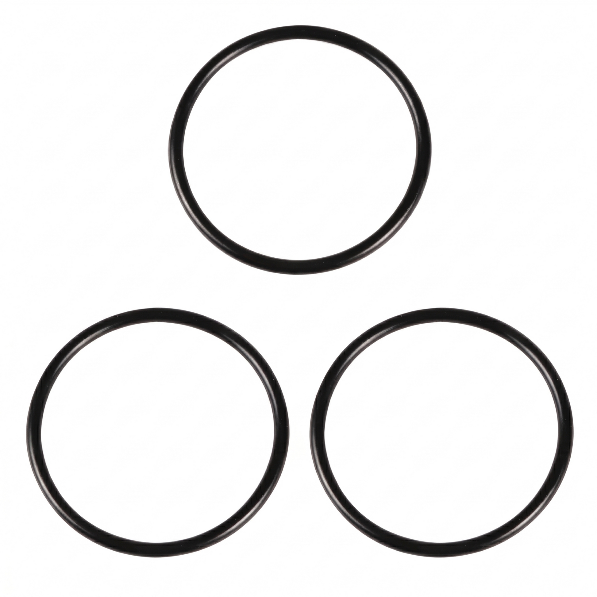 Three black AVID HIFI turntable lateral suspension O-ring bands arranged in a pyramid layout on a solid white background, suitable for Acutus, Sequel, and Volvere models