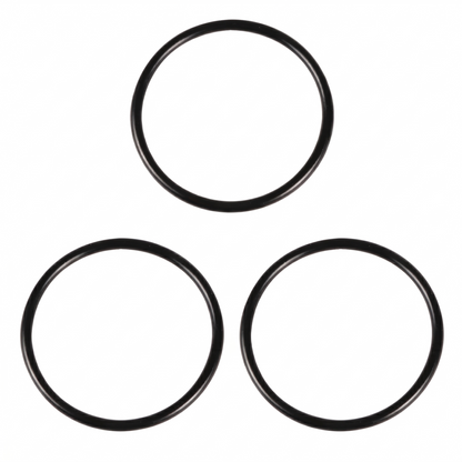 Three black AVID HIFI turntable lateral suspension O-ring bands arranged in a pyramid layout on a solid white background, suitable for Acutus, Sequel, and Volvere models