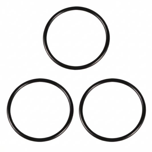 Three black AVID HIFI turntable lateral suspension O-ring bands arranged in a pyramid layout on a solid white background, suitable for Acutus, Sequel, and Volvere models