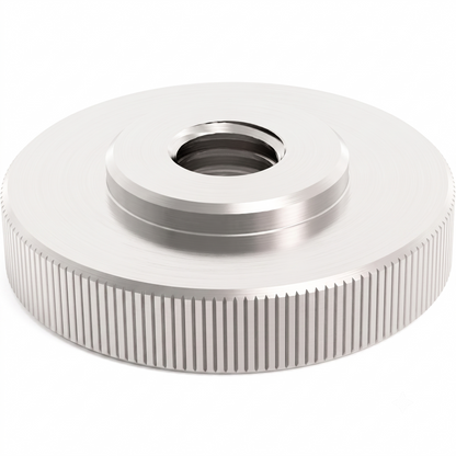 A precision-machined, knurled aluminum ground nut for an Allen & Heath terminal, featuring a threaded central hole and a vertical ridged pattern for grip, isolated on a white background.