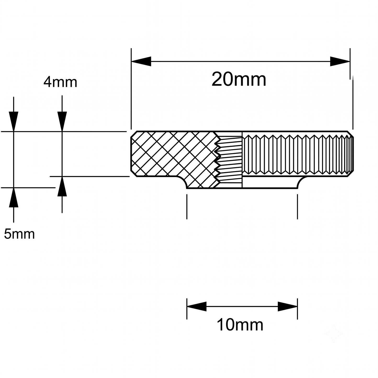 Technical diagram showing dimensions of an earth terminal ground nut, featuring a 20mm outer diameter, 10mm inner collar diameter, 4mm main thickness, and 5mm total height.
