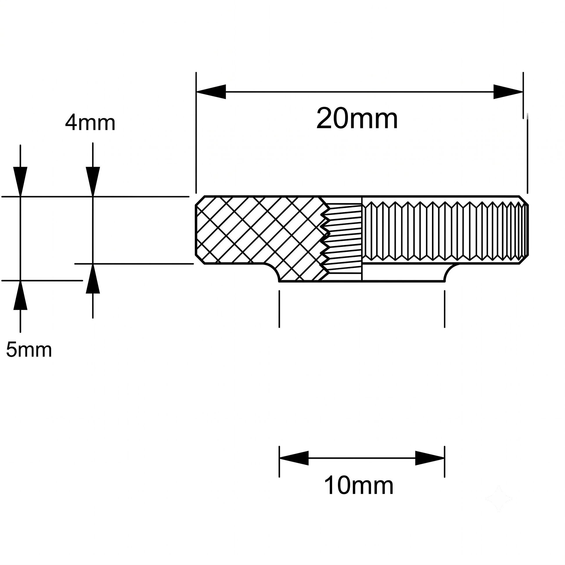 Technical diagram showing dimensions of an earth terminal ground nut, featuring a 20mm outer diameter, 10mm inner collar diameter, 4mm main thickness, and 5mm total height.