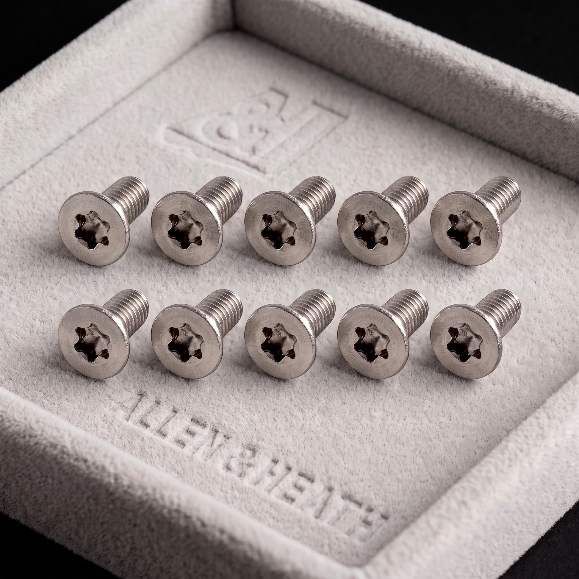 A close-up photograph of ten stainless steel, Allen & Heath fader screws AB3819 10-Pack with Torx (star) drive heads, neatly arranged in two rows of five on a plush grey velvet display tray.
