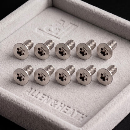 A close-up photograph of ten stainless steel, Allen & Heath fader screws AB3819 10-Pack with Torx (star) drive heads, neatly arranged in two rows of five on a plush grey velvet display tray.