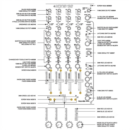 Technical schematic diagram of an Allen & Heath XONE:92 DJ mixer faceplate, pointing out component parts including the M3x5 AB3819 fader screws, knobs, switches, and LEDs.