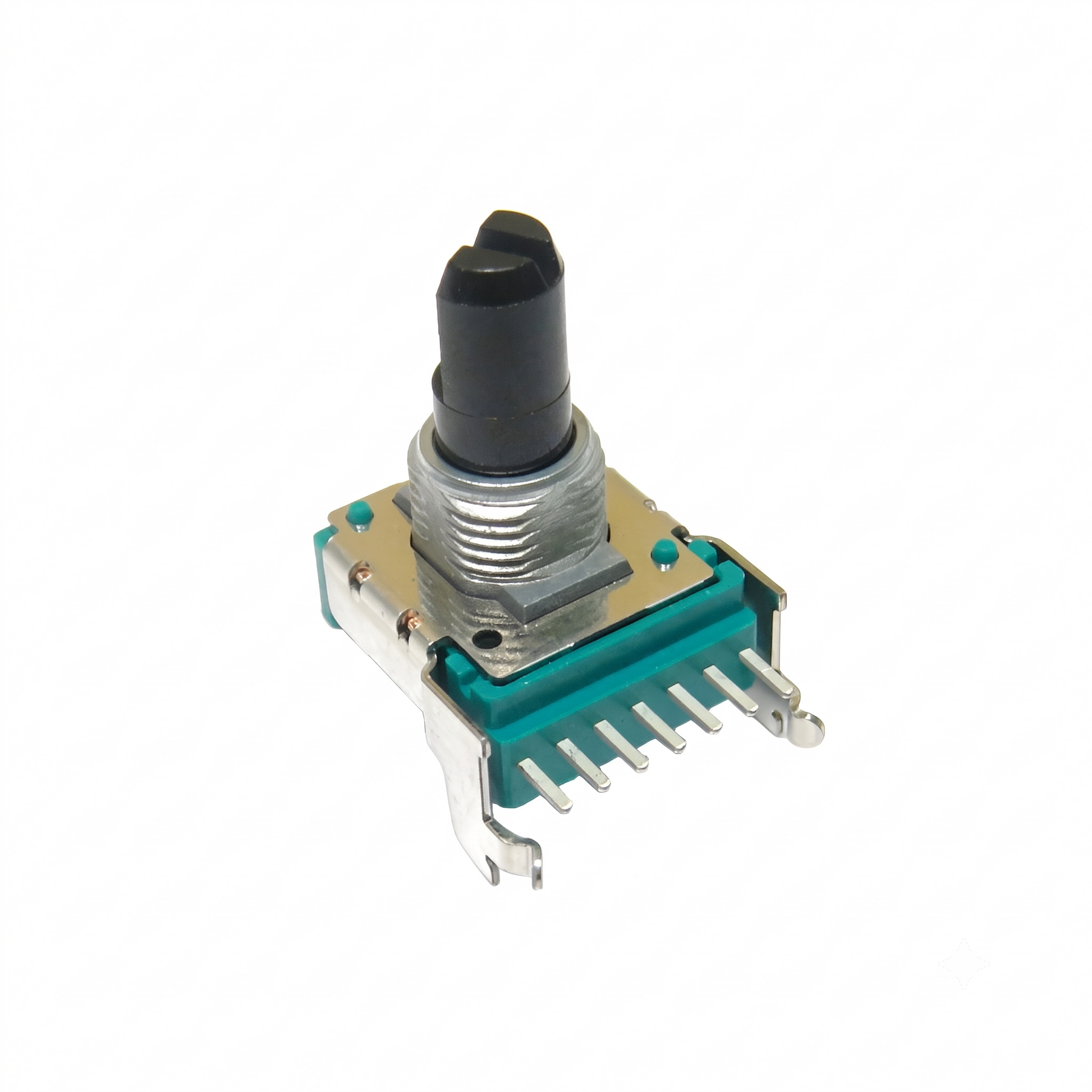 Allen & Heath rotary potentiometer (Part AI8007) for line, gain, mix, and booth control. Features a black plastic D-shaft, threaded metal bushing, green plastic housing with 6 pins, and metal mounting brackets on a solid white background.