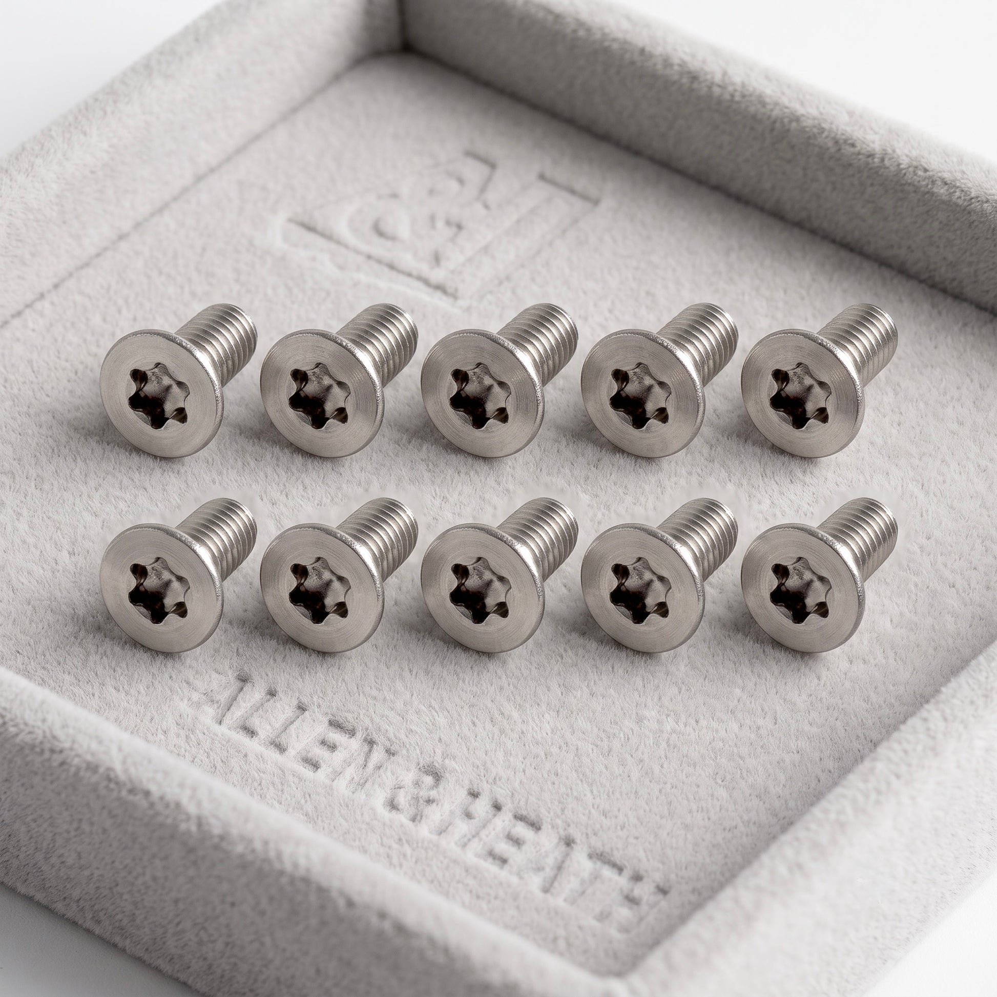 Ten silver Allen & Heath star-drive screws arranged in two rows inside a gray felt jewelry box.