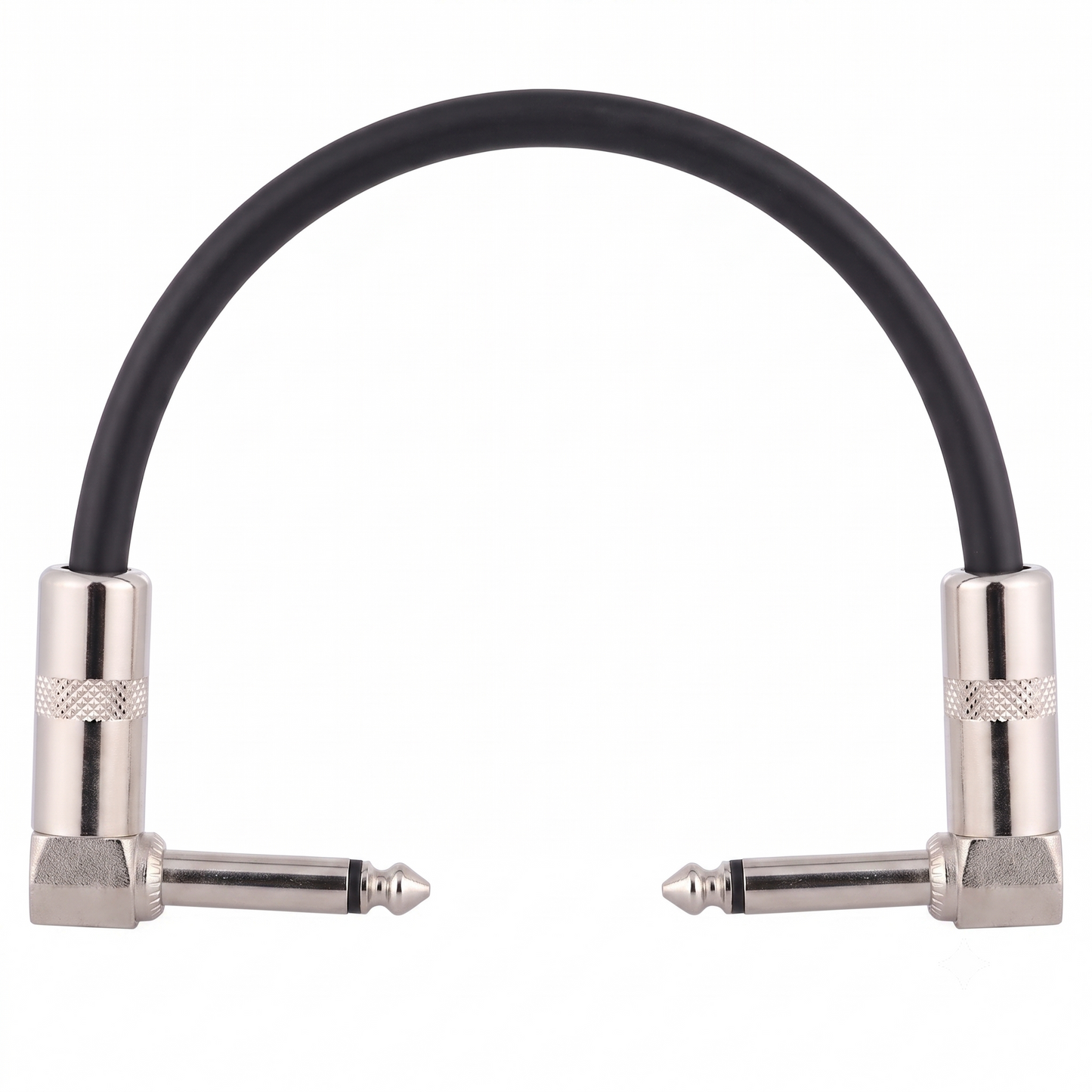 Ammoon AC-10 guitar patch cable with short black cord and two silver 1/4 inch (6.35mm) right-angle mono jack plugs isolated on a clean white background.