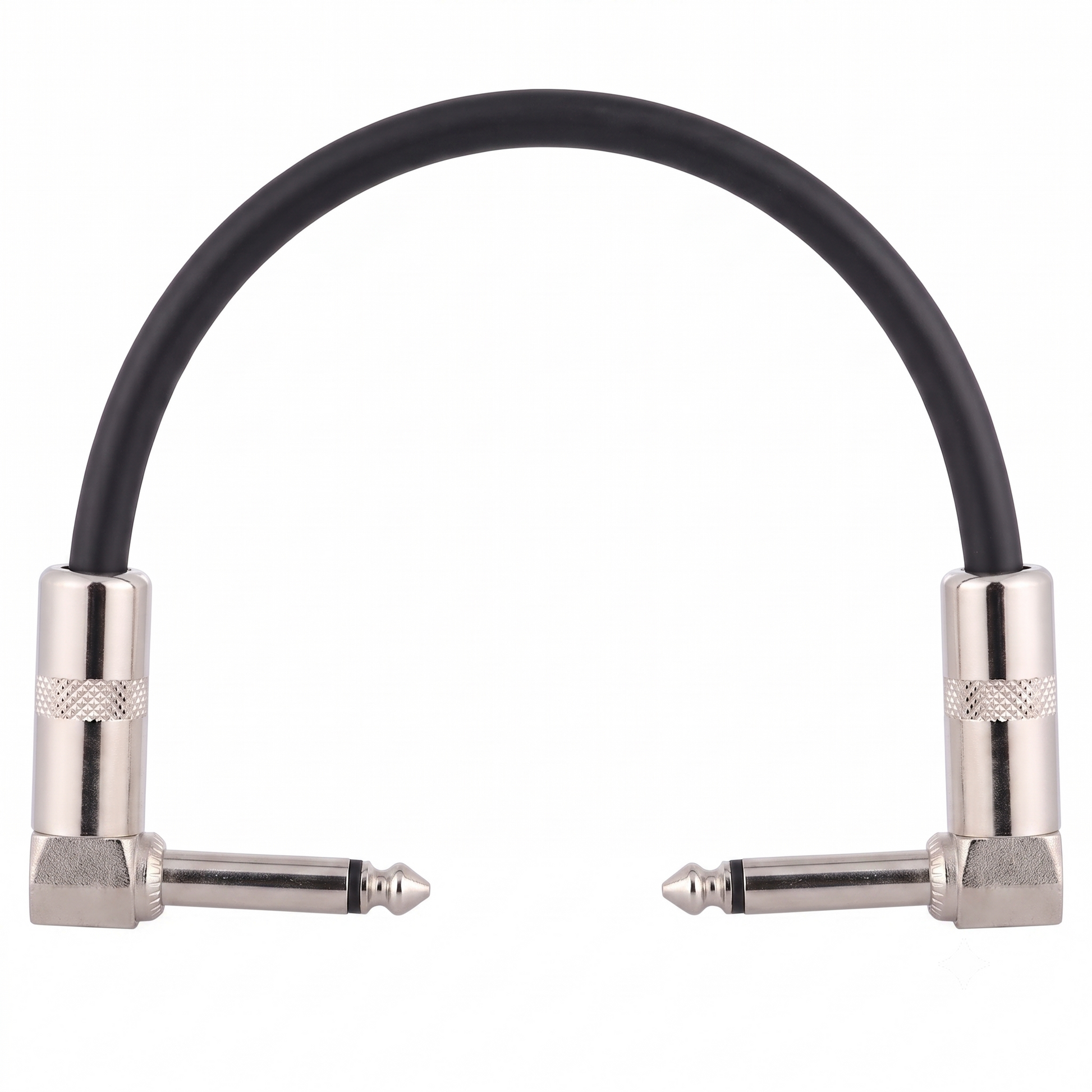Ammoon AC-10 guitar patch cable with short black cord and two silver 1/4 inch (6.35mm) right-angle mono jack plugs isolated on a clean white background.