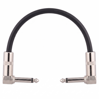 Ammoon AC-10 guitar patch cable with short black cord and two silver 1/4 inch (6.35mm) right-angle mono jack plugs isolated on a clean white background.