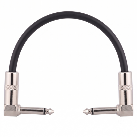 Ammoon AC-10 guitar patch cable with short black cord and two silver 1/4 inch (6.35mm) right-angle mono jack plugs isolated on a clean white background.
