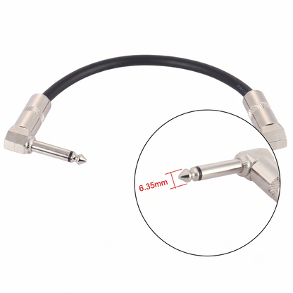 Ammoon AC-10 guitar patch cable on a white background, featuring a circular inset magnifying glass diagram detailing the 6.35mm measurement of the silver right-angle mono jack plug.