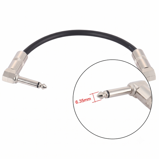 Ammoon AC-10 guitar patch cable on a white background, featuring a circular inset magnifying glass diagram detailing the 6.35mm measurement of the silver right-angle mono jack plug.