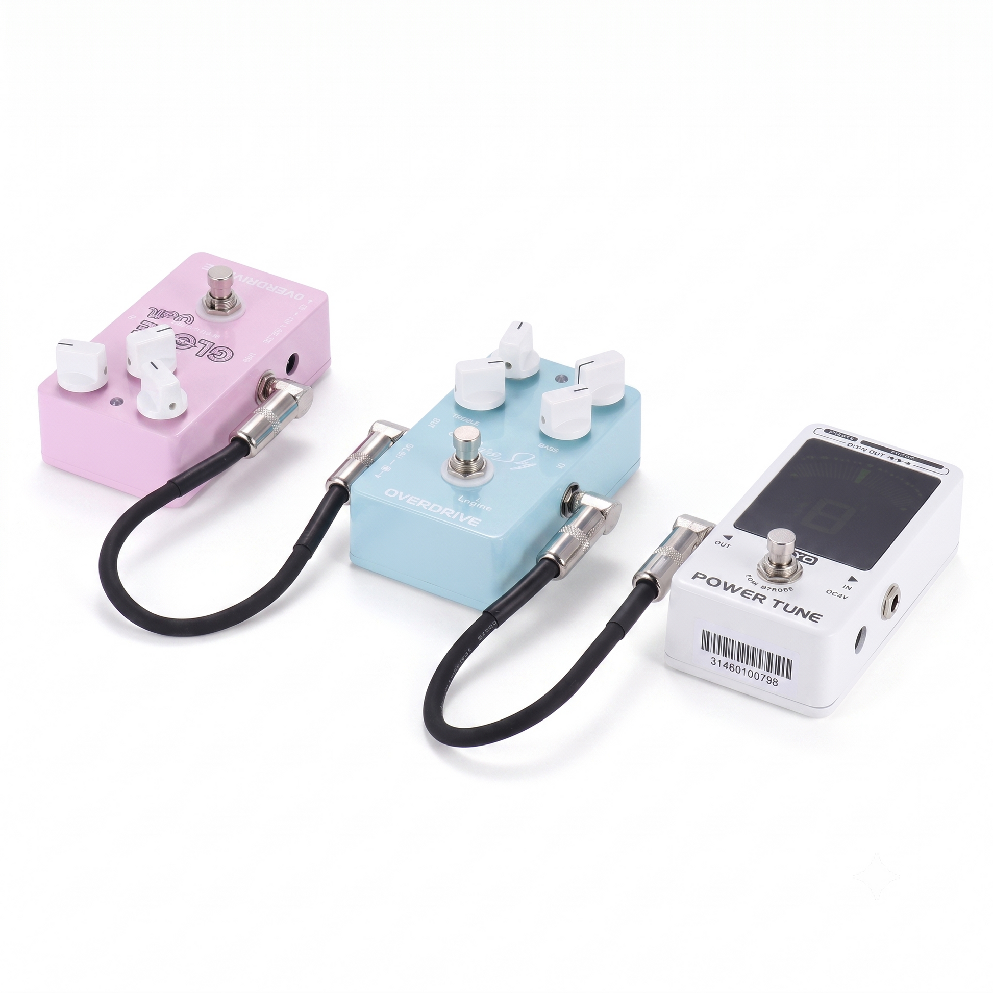 Two black Ammoon AC-10 guitar patch cables shown in use, linking three different stompbox effects pedals (pink, light blue overdrive, and white tuner) together on a clean white background.