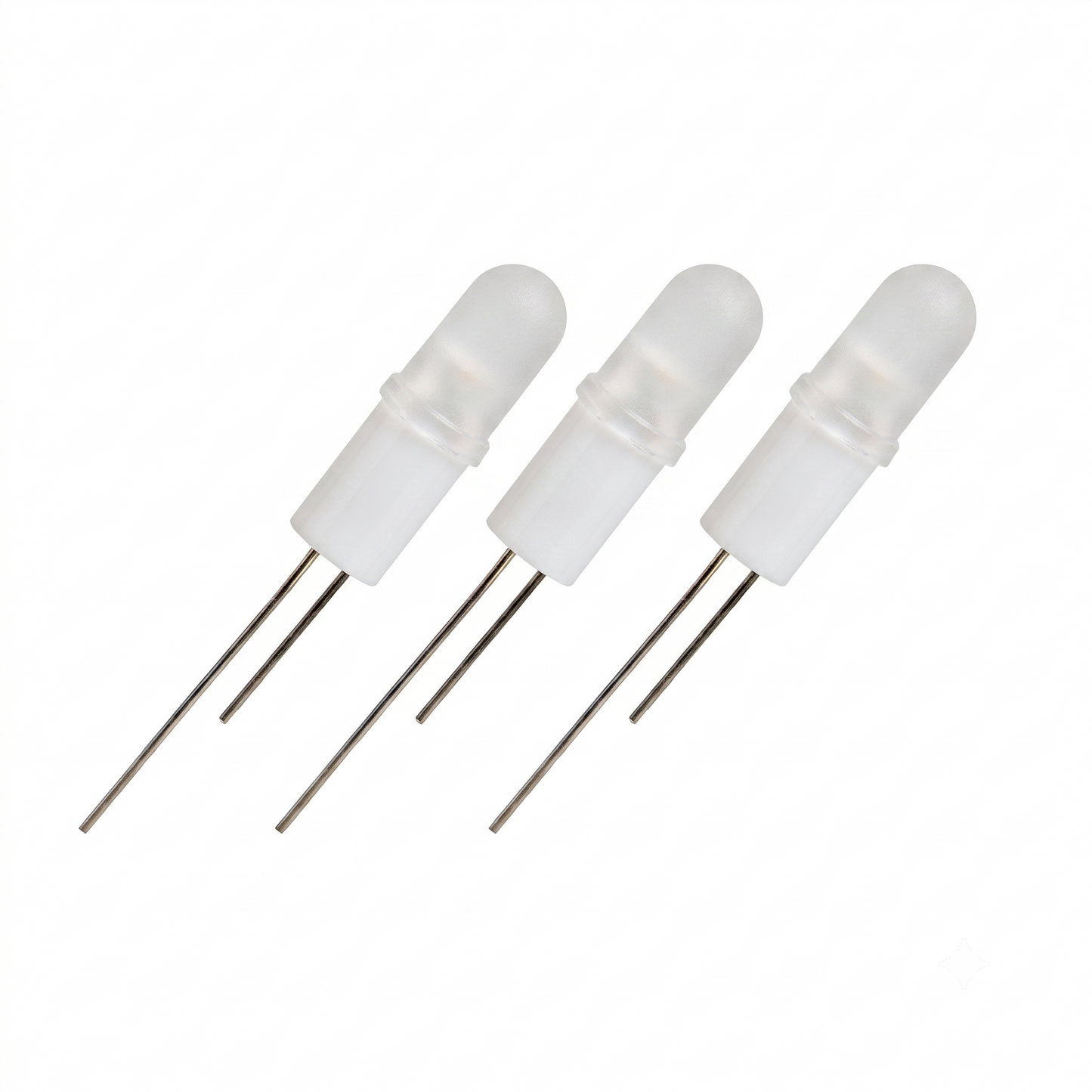 An studio shot, taken from a straight-on perspective against a seamless white background, features three subminiature LED upgrade lamps arranged in a neat diagonal line. The lamps are identical, each consisting of a frosted, rounded dome at the top, a solid cylindrical white plastic holder/base in the middle, and two long, straight metal wire leads protruding from the bottom. The diagonal arrangement flows from the upper-middle left toward the lower-right of the image. The lighting is clean and bright