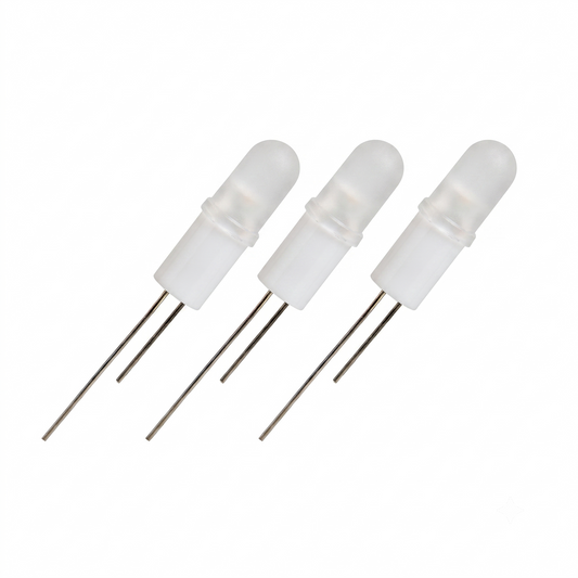 An studio shot, taken from a straight-on perspective against a seamless white background, features three subminiature LED upgrade lamps arranged in a neat diagonal line. The lamps are identical, each consisting of a frosted, rounded dome at the top, a solid cylindrical white plastic holder/base in the middle, and two long, straight metal wire leads protruding from the bottom. The diagonal arrangement flows from the upper-middle left toward the lower-right of the image. The lighting is clean and bright