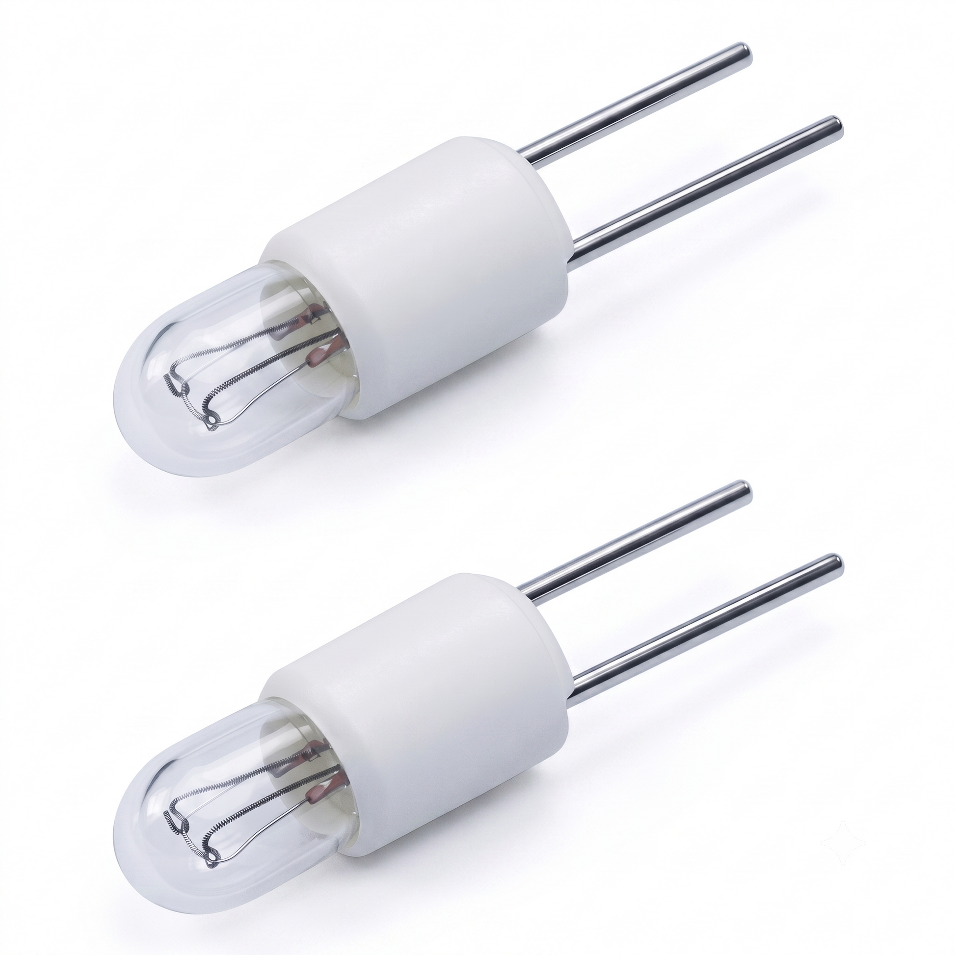 Two small dual-pin LED light bulbs with clear glass tips, white cylindrical bodies, and silver metal pins, shown on a clean white background.