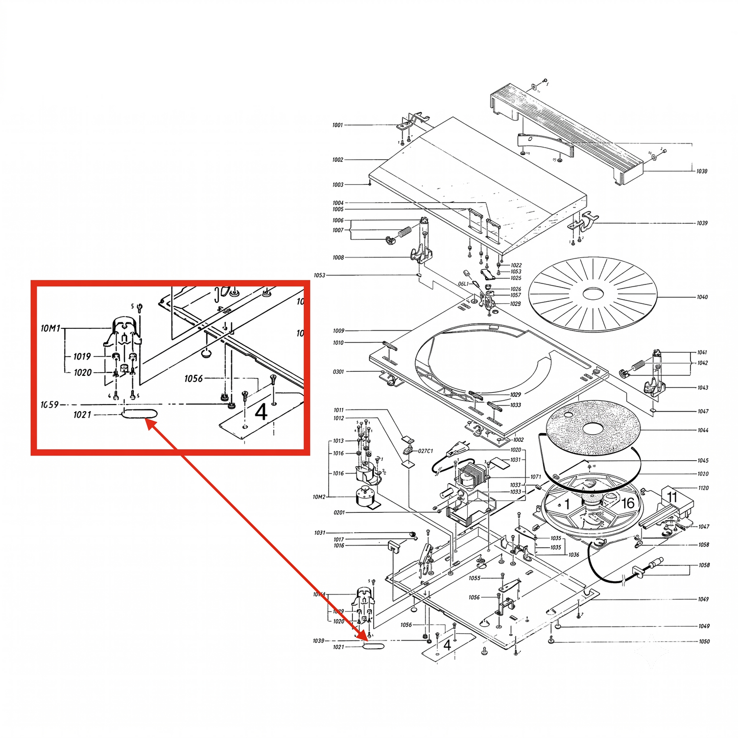 An exploded parts diagram of a machine component set on a white background, with a red-bordered inset showing a close-up of a bracket assembly and a red arrow pointing to it.