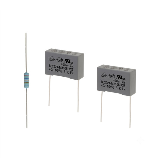 Bernina sewing machine board repair kit featuring two grey safety film capacitors (B32924-M3106-K26) and one axial resistor.