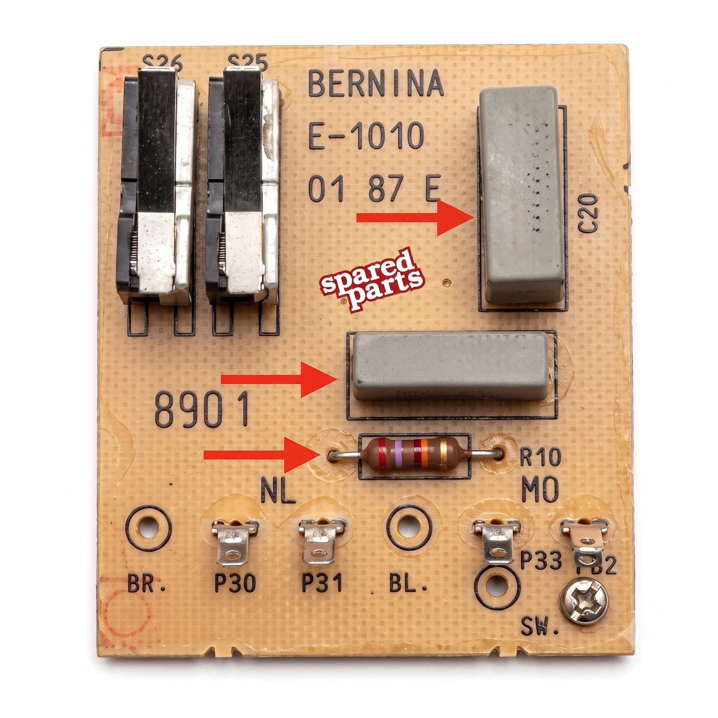 A vintage BERNINA E-1010 sewing machine control board, identified as a spare part, featuring various electronic components, connectors, and red arrows and text overlays indicating part identification.