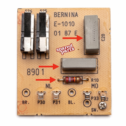 A vintage BERNINA E-1010 sewing machine control board, identified as a spare part, featuring various electronic components, connectors, and red arrows and text overlays indicating part identification.