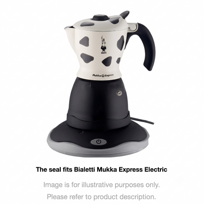 A Bialetti Mukka Express electric moka pot coffee maker with a cow-print design, featuring a white body with black spots, a black base, and a black handle, shown on a white background with text below.