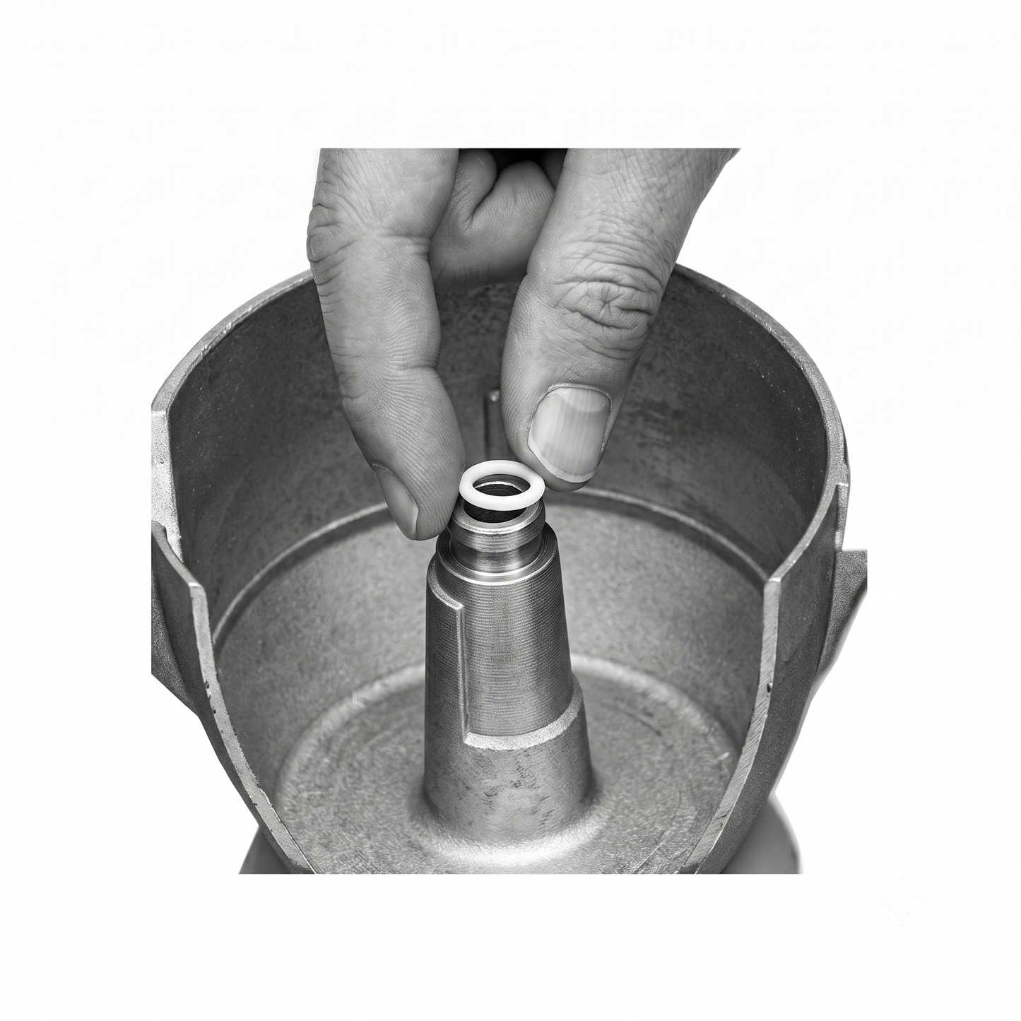 A close-up black-and-white photo of a person's hand inserting a small O-ring into a cylindrical metal component inside a larger metal container.