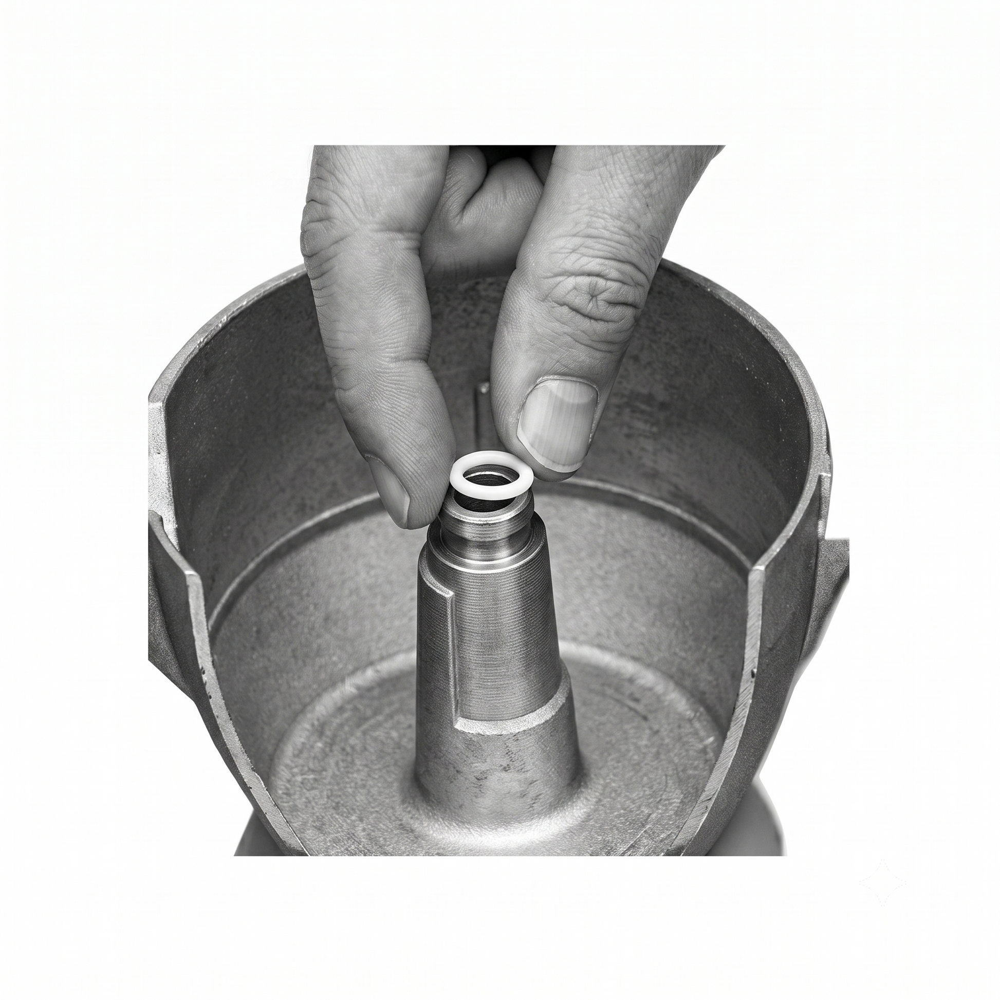 A close-up black-and-white photo of a person's hand inserting a small O-ring into a cylindrical metal component inside a larger metal container.