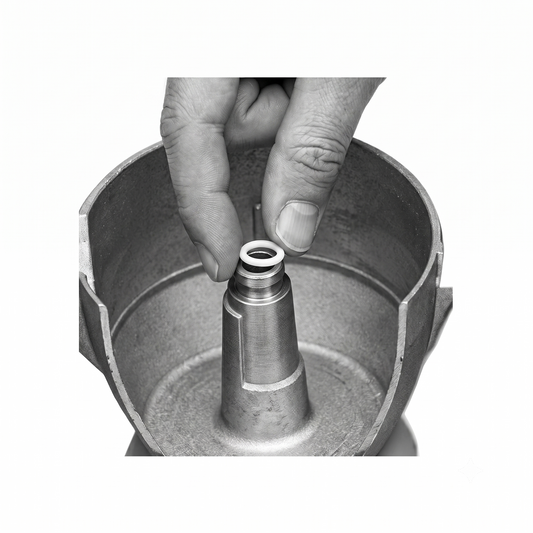 A close-up black-and-white photo of a person's hand inserting a small O-ring into a cylindrical metal component inside a larger metal container.