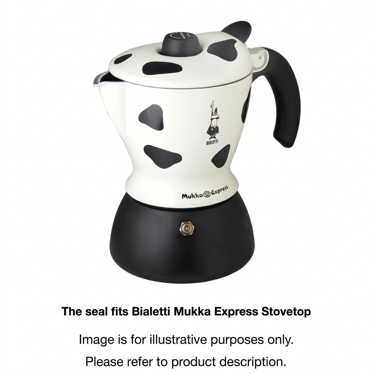 A Bialetti Mukka Express stovetop moka pot coffee maker styled in a black and white cow print, featuring a white body with black spots, a black base, and a black handle, shown on a white background with a text overlay at the bottom.
