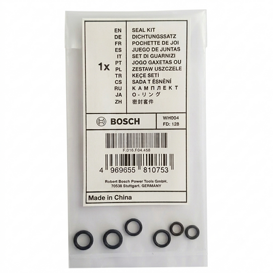 Product photograph of a genuine Bosch replacement seal kit (Part No. F.016.F04.458) for pressure washers, showing a white descriptive label in a clear plastic bag alongside five black rubber O-ring seals on a white background.