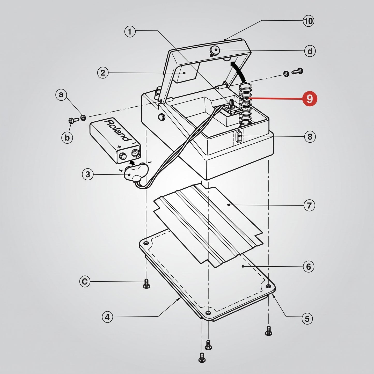 An exploded technical diagram of a Roland guitar effect pedal on a grey gradient background, showing how its internal components disassemble. A red circular callout with the number "9" points directly to a large coil spring located under the open pedal flap. Other numbered and lettered callouts indicate parts like the 9V battery, screws, and bottom plate.