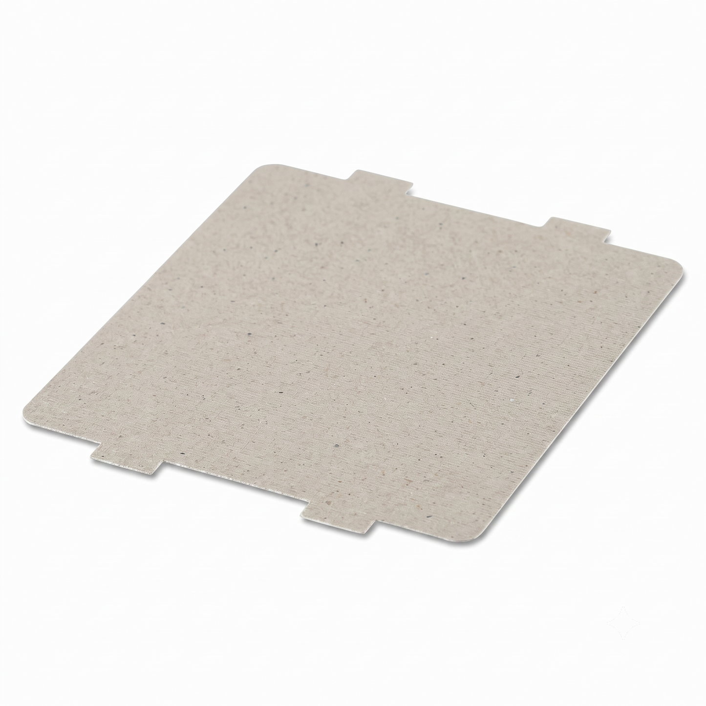 A light grey, square mica sheet with four rectangular tabs on its sides, positioned on a white background.