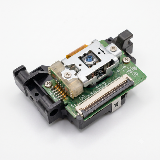 High-definition product photograph of an electronic optical disc drive component, likely a laser lens mechanism, isolated on a seamless white background. The device features a black plastic housing, a green printed circuit board (PCB) with a ribbon cable connector slot, and a central metal-framed laser assembly housing a clear, blue-tinted optical lens. Delicate solder joints, screws, and circuit markings are sharply visible.