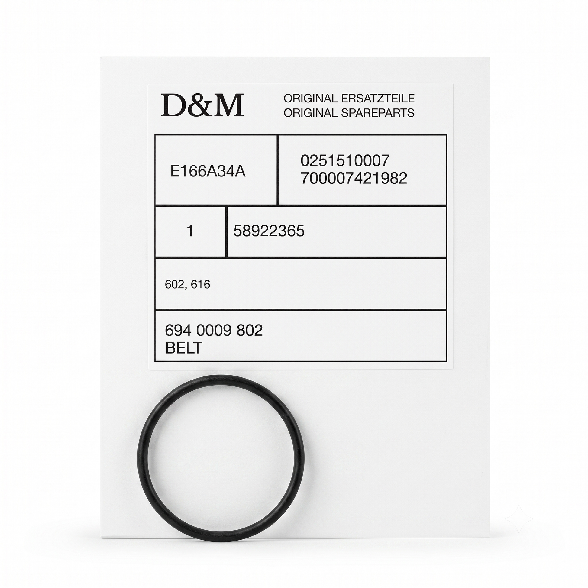 A black circular sparepart belt displayed below a white paper label printed with D&M branding and part numbers.