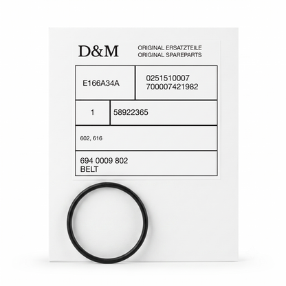 A black circular sparepart belt displayed below a white paper label printed with D&M branding and part numbers.