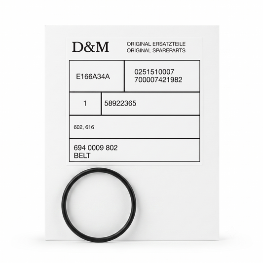A black circular sparepart belt displayed below a white paper label printed with D&M branding and part numbers.
