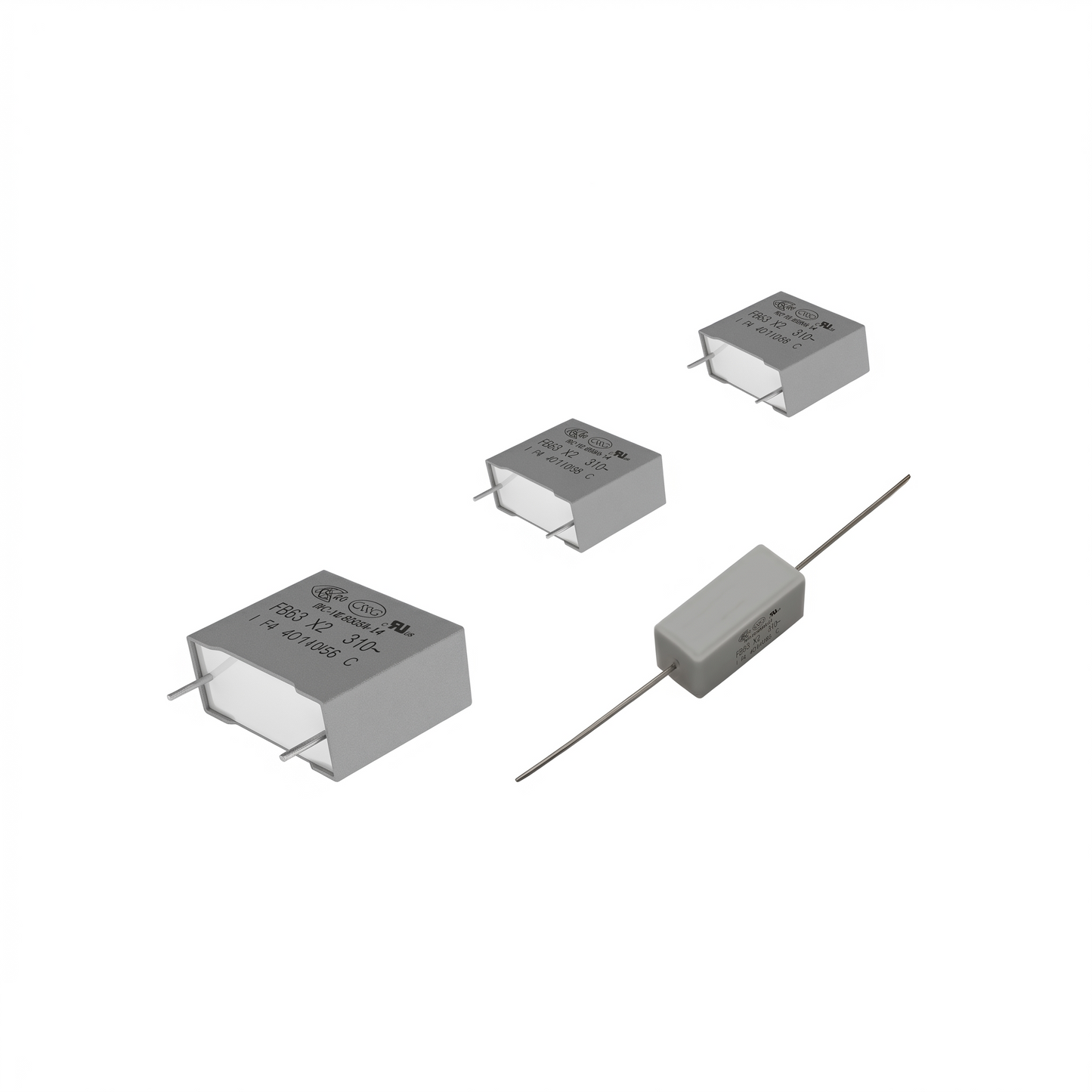 Dual CS505 turntable motor PCB repair kit featuring three grey X2 class safety capacitors and one rectangular flame-retardant resistor with wire leads, isolated on a white background.