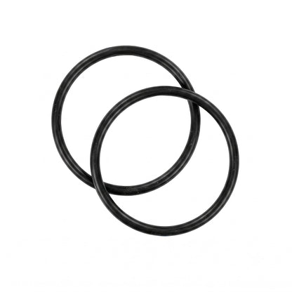Two black rubber O-rings overlapping on a plain white background.
