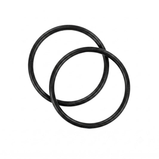 Two black rubber O-rings overlapping on a plain white background.