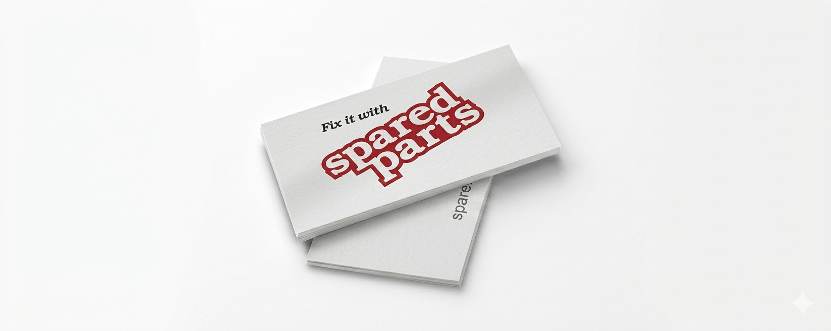 A close-up shot of two textured white business cards stacked crisscross against a seamless white background. The top card prominently features the text "Fix it with" in black serif font above a bold, red stylised "spared parts" logo.