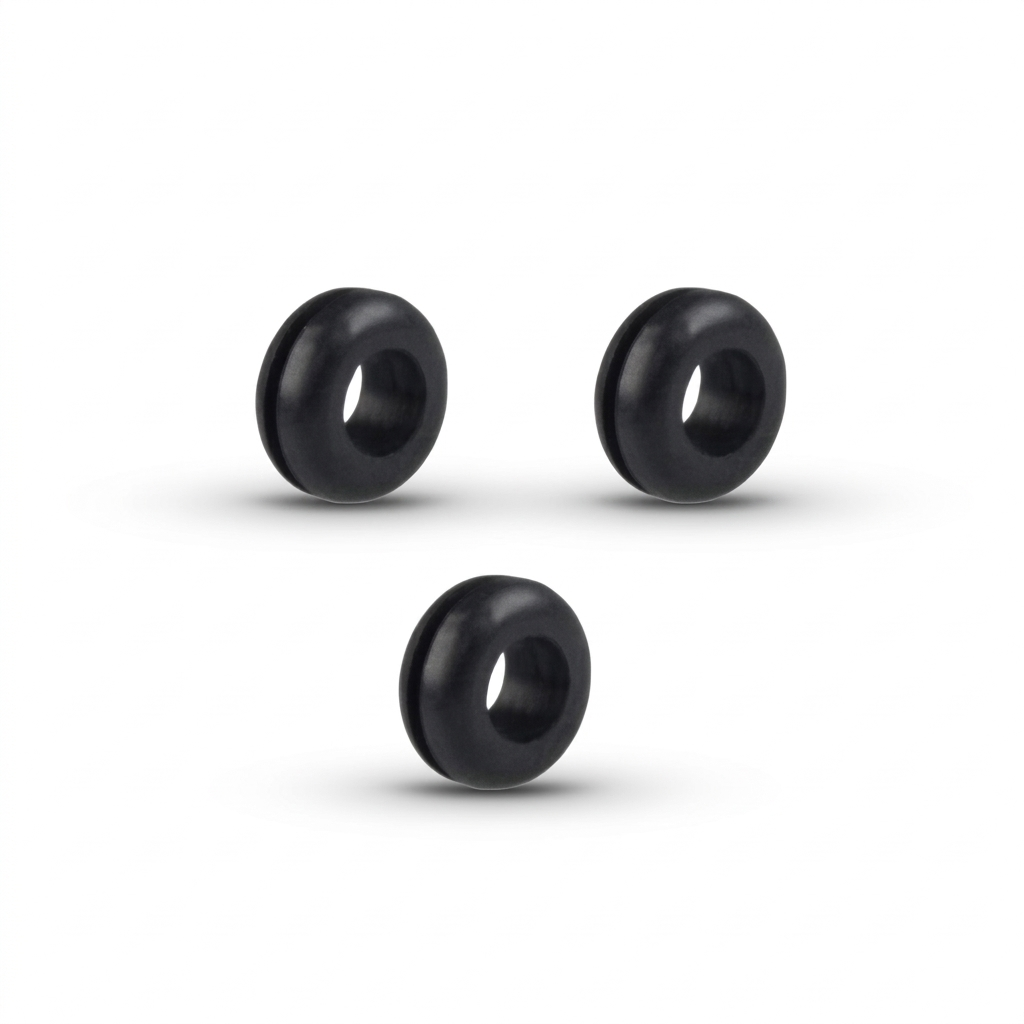 A studio shot of three identical black rubber isolation grommets, arranged in a triangle formation against a plain white background. The grommets are thick, doughnut-shaped rings with a deep groove running around their outer edge. Soft shadows are cast directly beneath each piece, highlighting their cylindrical depth and smooth, matte texture.