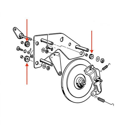 The image highlights the location of isolation grommets for a turntable mechanism, featuring three vibrant red arrows that point directly to specific cylindrical rubber or plastic components within the assembly. Two vertical red arrows point down and up at a pair of small, ridged, gear-like grommets stacked vertically on the left side of a mounting plate. A third red arrow points downward at a single smooth, ring-shaped grommet.