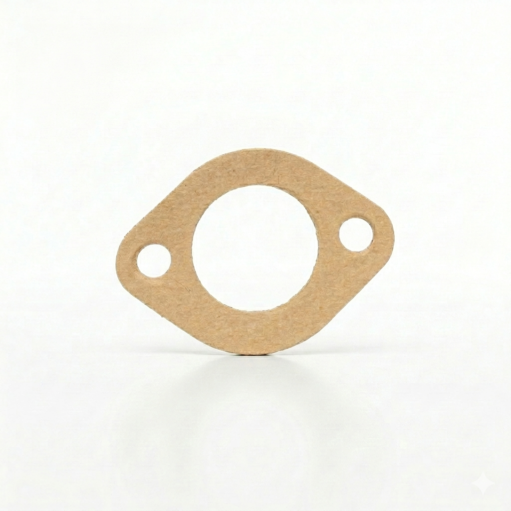 High-resolution product photo of a tan paper-fiber main bearing gasket for a Garrard 301 or 401 turntable. The two-hole flange gasket is centered on a clean, bright white background with a soft reflection underneath.