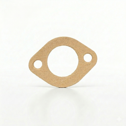High-resolution product photo of a tan paper-fiber main bearing gasket for a Garrard 301 or 401 turntable. The two-hole flange gasket is centered on a clean, bright white background with a soft reflection underneath.