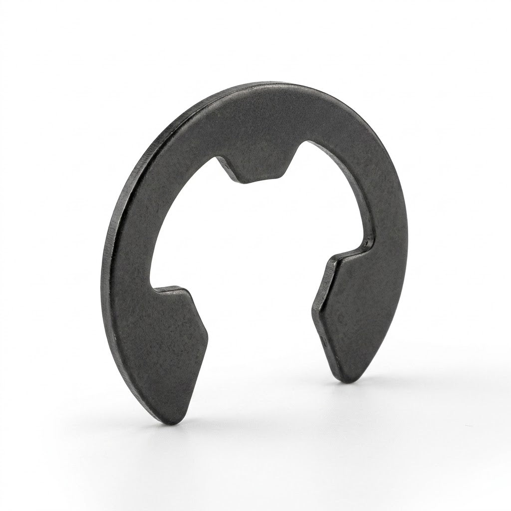 A dark grey metal E-clip circlip standing upright on a white surface, showing its three internal prongs used for securing mechanical shafts.