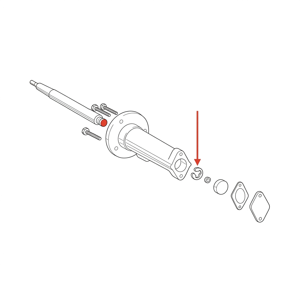 Exploded line diagram of a turntable spindle assembly, with a red arrow pointing to a black E-clip circlip positioned next to a thrust pad and gasket.
