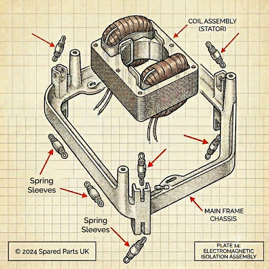 An exploded line drawing diagram showing the assembly components of a vintage turntable motor suspension system, set against a tan grid paper background.